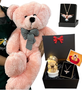 Renkli Zümdürü Anka Kuşu Kolyeli Fotoğraflı Premium Set - Büyük Boy Pembe Peluş Ayıcıklı (Model 5)