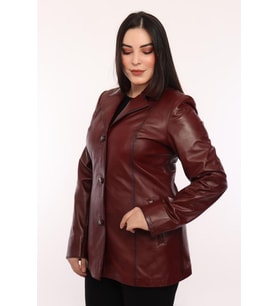 Hakiki Deri Bordo Düğmeli Kadın Ceket
