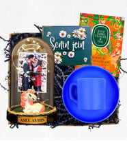 İsimli Fotoğraflı ve Işıklı Fanus & Mavi Kahve Fincanı  Kişiye Özel Premium Set (Model 6)
