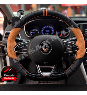 Renault Clio 5 Dikme Direksiyon Kılıfı Delikli Deri Parlak Siyah Taba Detay Çift Yüzük ve Dikiş 2019-2024