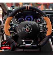 Renault Clio 5 Dikme Direksiyon Kılıfı Delikli Deri Parlak Siyah Taba Detay Çift Yüzük ve Dikiş 2019-2024