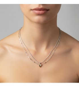 Lorivelle Premium Paslanmaz Çelik Çift Sıra Zincirli Gümüş Renk & Gold Kalp Kolye (Hazır Kombin)