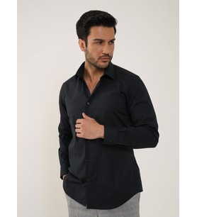 Siyah Erkek Slim Fit Düz Klasik Yaka Uzun Kol Gömlek