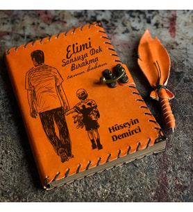 Ellerimi Hiç Bırakma Babam Deri Defter (Turuncu)