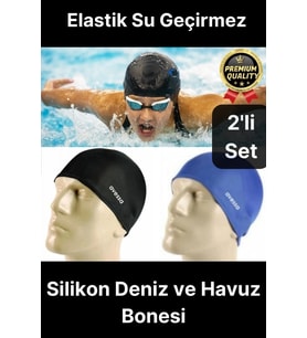 Özel Üretim Silikon Su Geçirmez Kaymaz Yüzücü Deniz ve Havuz Elastik Yüzme Şapkası Bonesi 2'li Set