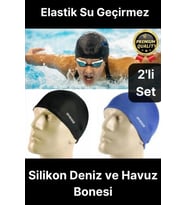 Özel Üretim Silikon Su Geçirmez Kaymaz Yüzücü Deniz ve Havuz Elastik Yüzme Şapkası Bonesi 2'li Set