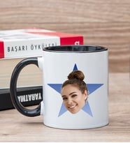 Kişiye Özel Mavi Yıldız Kafa Fotoğraflı Siyah Kupa Bardak
