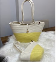 Anne Çocuk Çanta Hasır Çanta Plaj Çantası Jüt İp Özel Dikiş Çanta Seti 45 cm (Beyaz-Sarı)