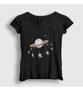 Presmono Kadın Siyah Saturn Astronaut Space Astronot Uzay T-Shirt 283838tt