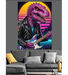 Gitar Çalan Dinozor Rex Dekoratif Kanvas - Mdf Ahşap Tablo