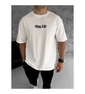 Unisex Bisiklet Yaka Baskılı Oversize T-Shirt - Beyaz