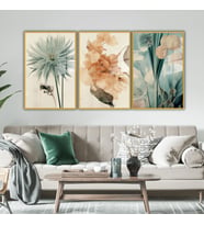 3'lü Metal Çerçeveli Cam Tablo Seti Boho Pastel Çiçekler (Gold)