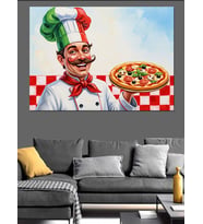 İtalyan Şef Pizza Taşıyor İllüstrasyon Dekoratif Kanvas - Mdf Ahşap Tablo