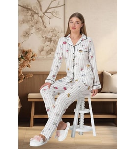 Mecit 5252 Bayan Ekru Boydan Düğmeli Pijama Takımı