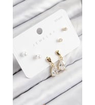 Pirinç Zirkon Taşlı Sallantılı Damla Model Gold Renk 925 Ayar Gümüş Çivi Kadın Küpe Set - TJ-BKP11172