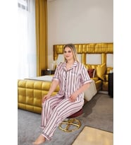 Amora Secret Büyük Beden Şık Tasarım Pembe Siyah Çizgili Düğmeli Kısa Kol Lüx Saten Pijama Takımı