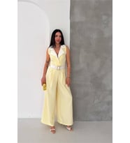 kadın sarı çift renkli kemerli şerit detaylı tam boy kolsuz tulum NBK087