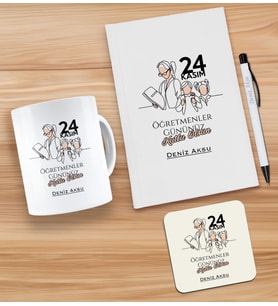 BK Gift Kişiye Özel İsimli Öğretmenler Günü Tasarımlı Beyaz Defter, Tükenmez Kalem, Kupa ve Bardak Altlığı Hediye Seti- 18, Öğretmene Hediye, Öğretmenler Günü