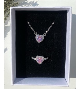 Çelik pandora kalp kolye yüzük seti aşk seti (Pembe)
