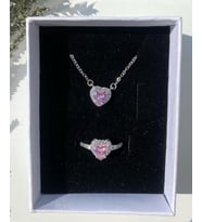 Çelik pandora kalp kolye yüzük seti aşk seti (Pembe)