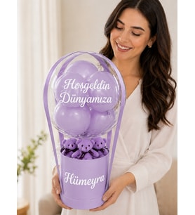 Lila Silindir Kutuda Mor Ayıcıklı Kişiye Özel İsim Baskılı Premium Balon Kutusu Yenidoğan Kız Bebek Hoşgeldin Bebek Balon Kutusu Eşe Arkadaşa Sevgiliye Hediye