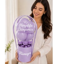 Lila Silindir Kutuda Mor Ayıcıklı Kişiye Özel İsim Baskılı Premium Balon Kutusu Yenidoğan Kız Bebek Hoşgeldin Bebek Balon Kutusu Eşe Arkadaşa Sevgiliye Hediye