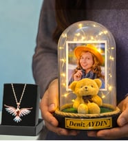 Fotoğraflı & Yazılı Led Işıklı Fanus ve Renkli Zümrüdü Anka Kuşu Kolye Sevgiliye Anlamlı Hediye (Model 4)