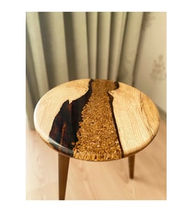 Fawdecor Yuvarlak Epoksi Kahve Desenli Masif Sehpa - Modern Yuvarlak Reçine ve Ahşap Yan Sehpa