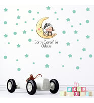Sevimli Maymun, Yıldızlar ve Puantiyeler Çocuk Odası Yapışkanlı Duvar Sticker - Kişiye Özel (Mint Yeşili)
