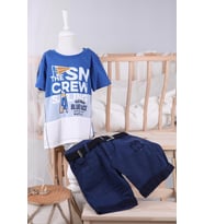 Kemerli Şort T-shirt Erkek Çocuk Yazlık Takım 8403 (Mavi)
