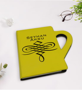 BK Gift Kişiye Özel İsimli Kupa Şeklinde Sarı Termo Deri Defter Model 24