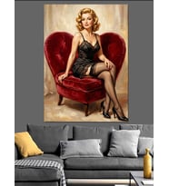 Kırmızı Koltukta Pin-Up Kadın Dekoratif Kanvas - Mdf Ahşap Tablo