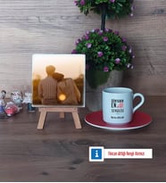 Sevgiliye Hediye Fotoğraflı Dekoratif Taş, Ahşap Altlıklı Türk Kahvesi Fincanı Hediye (Model 3)