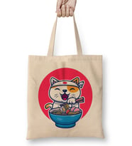 Kedi Cat Eating Ramen Noodle Bez Çanta Uzun Saplı