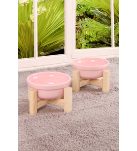 Ahşap Standlı Seramik Dekoratif 2 Adet Kedi Köpek Mama Ve Su Kabı (Pembe)