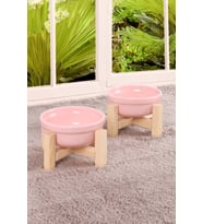 Ahşap Standlı Seramik Dekoratif 2 Adet Kedi Köpek Mama Ve Su Kabı (Pembe)