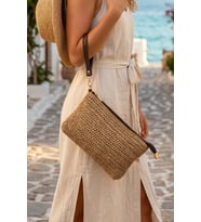 Doğal Hasır Örme Orta Boy Kadın Yazlık Portföy Clutch Çanta
