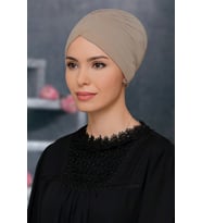Bej Pratik Hazır Geçmeli Tesettür Bone Sandy Kumaş Taçlı Büzgülü 1208_12