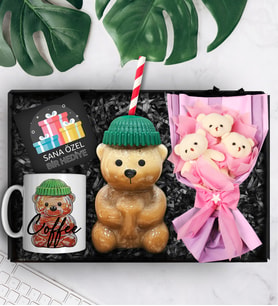 Bearista Şapkalı Pipetli Ayıcık Cam Bardak & Özel Tasarım Kupa & Üçlü Peluş Ayıcık Buketi