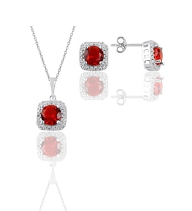 Söğütlü Silver Gümüş beyaz altın rodyumlu kırmızı taşlı kare ikili set