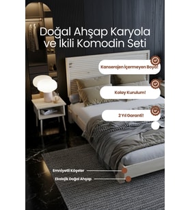 Alaz Model Yatay Başlıklı Masif Ahşap Karyola ve 2 Adet Komodin Kolay Kurulum Fırınlanmış İthal Sibirya Çamı 140x190 Yatak Uyumlu 2 Adet Komodin