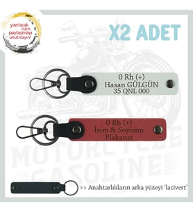 Hız Severlere Özel, İsim Plaka ve 0 Rh (+) Kan Grubu Yazılı x2 Anahtarlık Set, Nar Çiçeği-Beyaz-Laci (Çok Renkli)