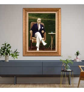 Altın Varaklı Çerçeveli Paspartulu Atatürk Tablo DC0991 (Gold)