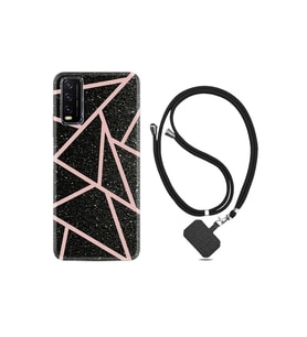 Vivo Y20s Kılıf Desenli Silikon Boyun Askılı Pembe Şeritli Mermer 1312