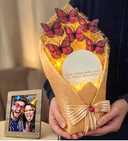 Size Özel Fotoğraflı Led Işıklı Tasarım Aynalı Kelebek Buketi (Pembe)