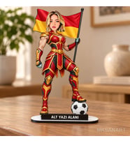 Kişiye Özel Sarı Kırmızı Kadın Süper Karikatürlü 18 cm MDF Masaüstü Biblo - Futbol Temalı Hediye Futbol Severlere ve Spor Tutkunlarına Hediye