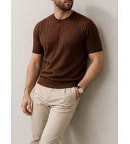Erkek Yazlık Triko Dokuma Tişört Kısa Kol Bisiklet Yaka Örgü Desenli T-Shirt - Kahverengi