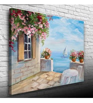 Taş Balkon, Deniz ve Yelkenli Yağlıboya Kanvas Tablo 50 x 70
