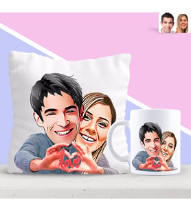 BK Gift Kişiye Özel Sevgililer Aşk Karikatürlü Yastık ve Kupa Seti (Model 1)