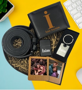 Kişiye Özel Premium Kalp Kutu Cüzdan Kemer Metal Lüx Anahtarlık Zippo Metal Çakmak İkili Ahşap Kahverengi Mdf Masaüstü Çerçeve Hediye Set